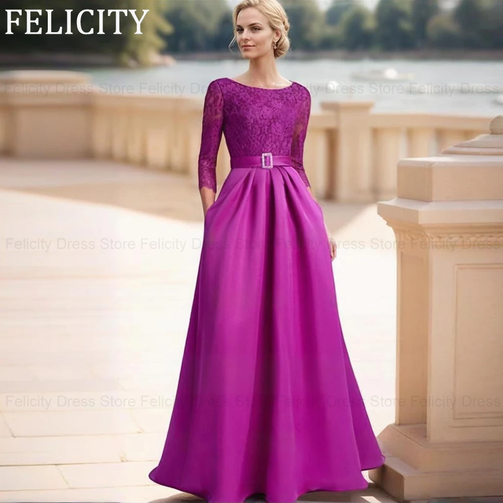 

FELICITY Customized Elegant Mother of the Bride Dress 2025 A-line Scoop Satin Lace Belt Pocket Long Wedding Guest Party Dresses