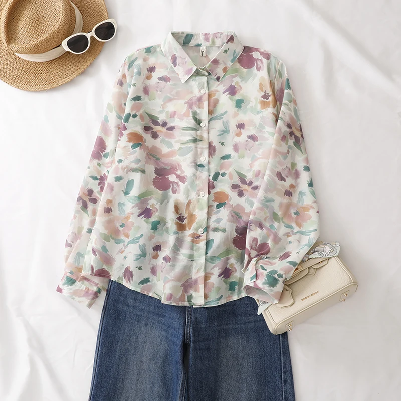 

Watercolor Print Flax Shirt Loose Women's Top Spring Summer New Style Artistic Small Shirt Versatile Loose Fit Female Upper A...