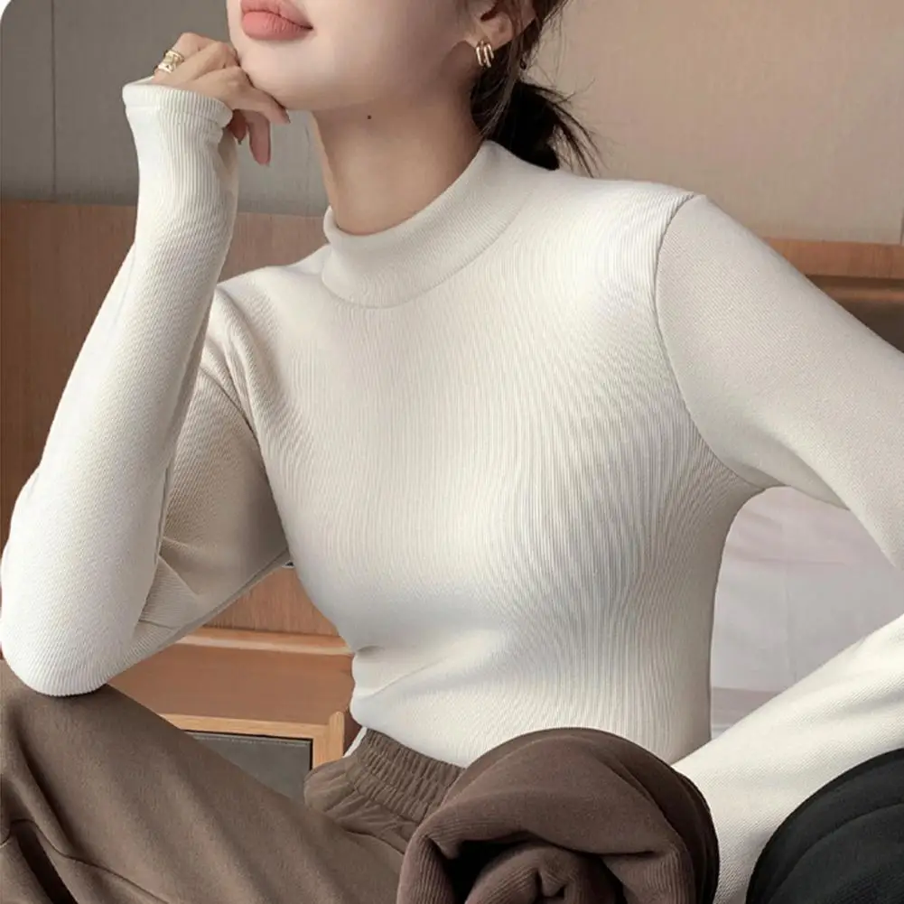 Regular-fit Women Top Elegant Thicken Velvet Lined Winter Sweater Slim Fit Knitwear Jumper with Half High Collar Stay Warm