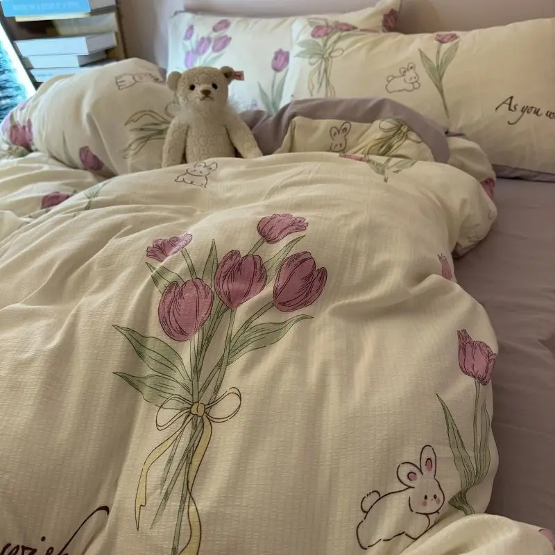 

Romantic Tulip Purple Bedding Set, Four Pieces, Water Washed Cotton Bubble Bedding Cover, Bed Sheets, Dormitory Three Piece Set