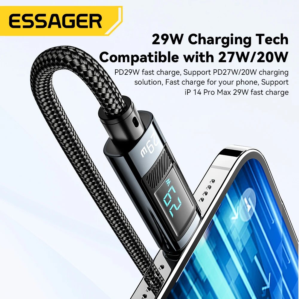 Essager USB Type C Cable for IPhone14 13 12 Pro Max PD 29W Fast Charging Wire Cord for iPad Charger Cable Digital Display Cable