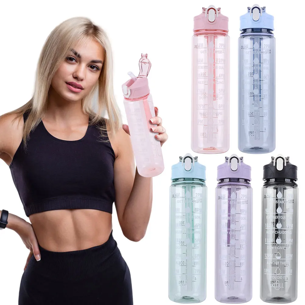 Botella de viaje al aire libre de 800ml con pajita y asa, jarra para gimnasio y Fitness, botella para beber motivacional de gran capacidad para niños y niñas