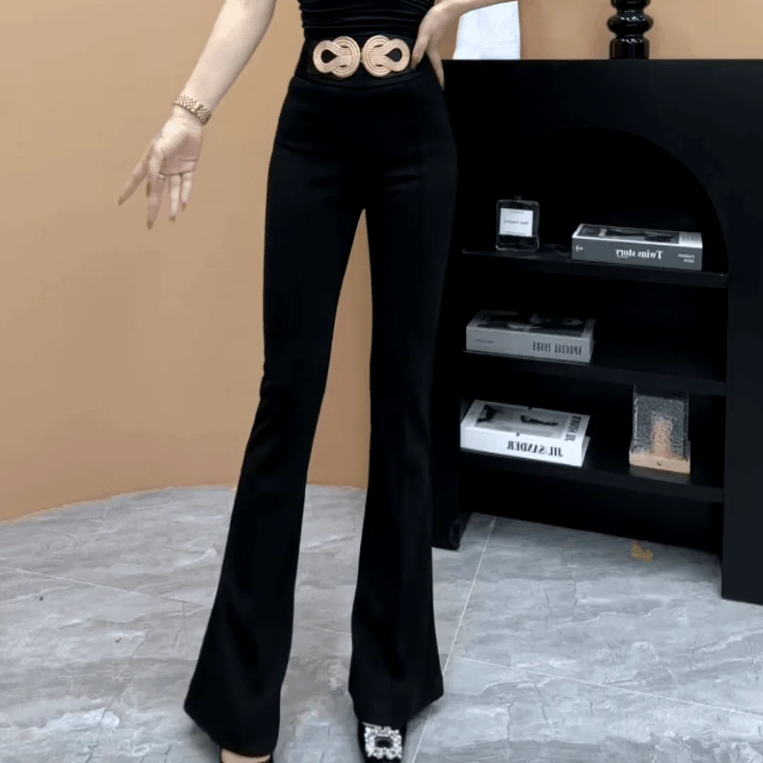 유행 캐주얼 여성 봄과 여름 높은 허리 유행 중국어 매듭 금속 버클 넓은 허리 다목적 플레어 바지