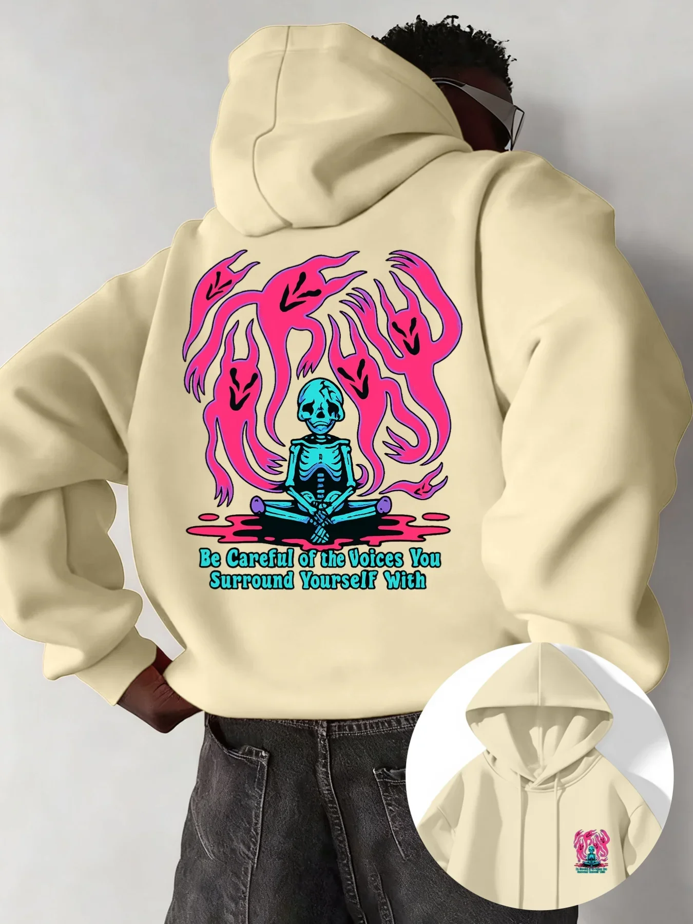 Trippy Meditating Skeleton Ghost Graphic Hoodie Men Women Unisex Loose Pullover Sweatshirt Front Back Print Y2K Streetwear