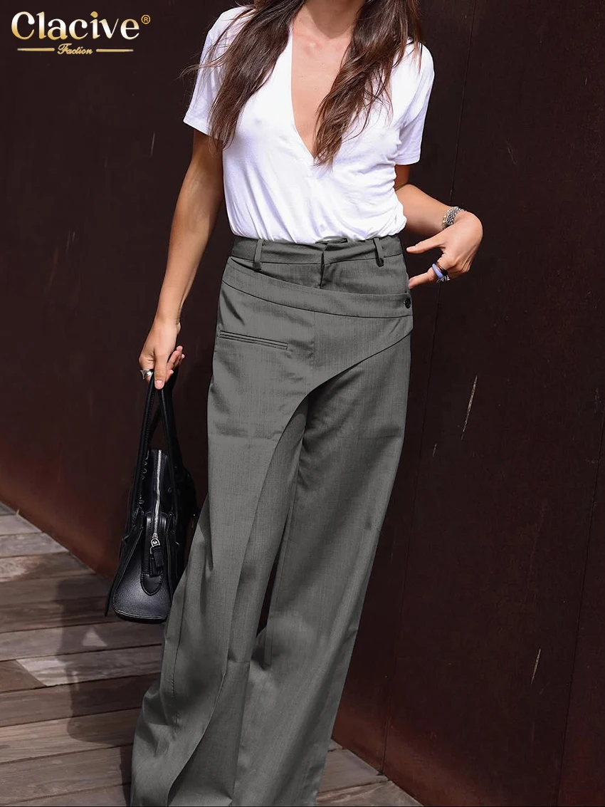Clacive موضة فضفاضة رمادي سراويل نسائية 2026 ربيع عالية الخصر بنطال واسع سيدة أنيقة كلاسيكية الصلبة السراويل الملابس النسائية