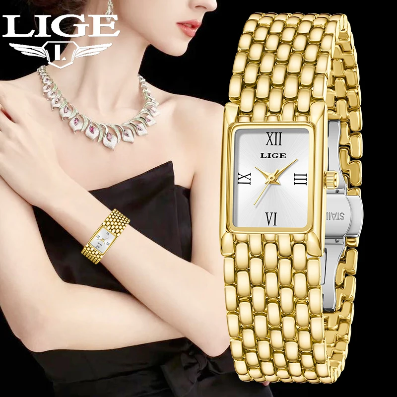 

LIGE Watch Women Fashion Casual Luxury Womens Waterproof Square Dial Steel Belt Quartz Wrist Watches Christmas Gifts Reloj Mujer