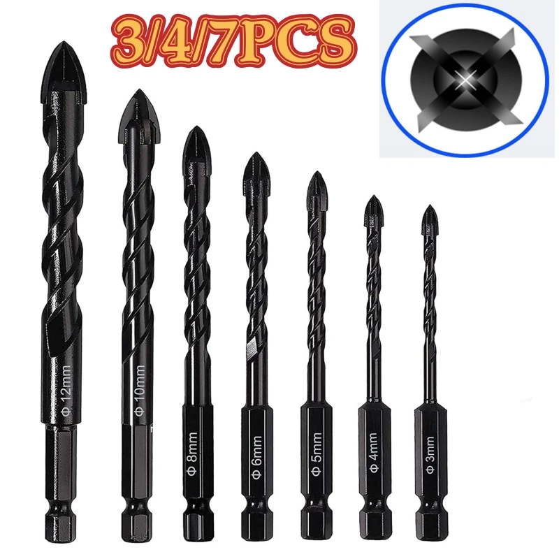 3/4/7PCS Drill Bit Set Glass Concrete Drill Bit Set Masonry Drill Bits for Brick Plastic and Wood Hex Shank Tip Drilling Tools