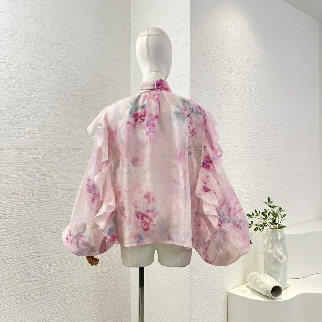 Pink Romantic Women New Oufit Series High Quality Floral Print Ruffles Bow Diamonds Lantern Sleeve Blouse and Mini Skirt Set