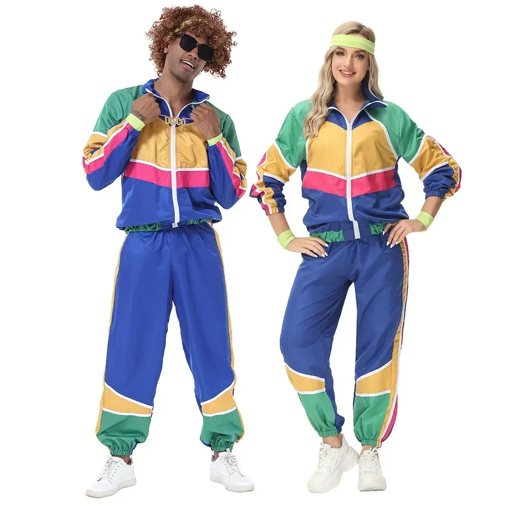

Couples Hippie Costumes for Women Men 80s 90s Retro Sportwear Hippie Disco Cosplay Costume Halloween Party Role Playing Clothes