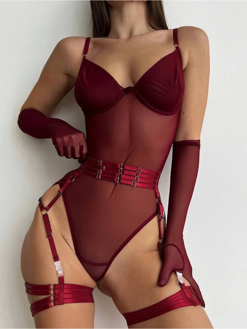 Sexy One-piece Bodysuit With Gloves Garters Mesh Women Rompers Clothing Body Suits Lace Jumpsuit Sweet Korean Women EV5W
