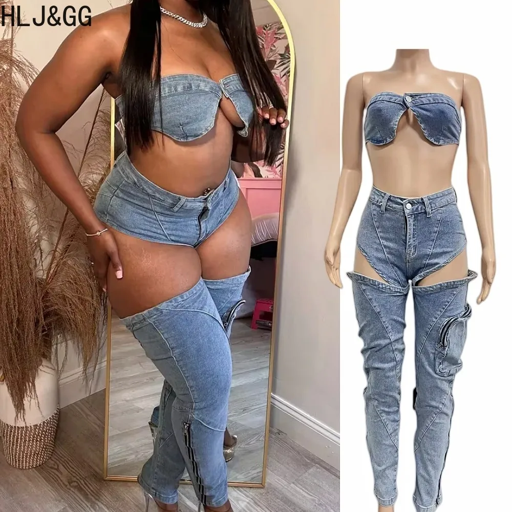 

HLJ&GG Sexy Denim Sleveless Hollow Out 2 Piece Sets Outfit Women Bikini Tops And Cargo Jean Pants Suits 2025 Cowboy Streetwear