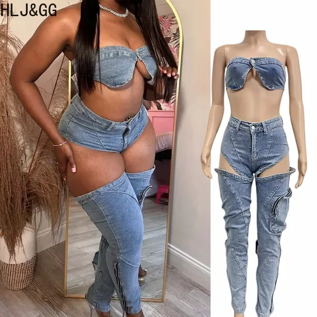 HLJ&GG Sexy Denim Sleveless Hollow Out 2-częściowy strój damski Bikini Tops And Cargo Jean Pants Suits 2025 Cowboy Streetwear