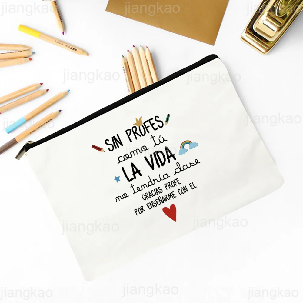 Best Teacher in The World Spanish Print Makeup Bag Travel Neceser Toiletries Storage Pouch Pencil Bags Graduate Gift for Teacher