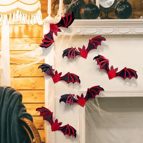 Festival Double Layer Halloween Bat Stickers PVC DIY Hollow Out Bat Wall Stickers Black Red 3D Wallpaper Decal Home Decoration