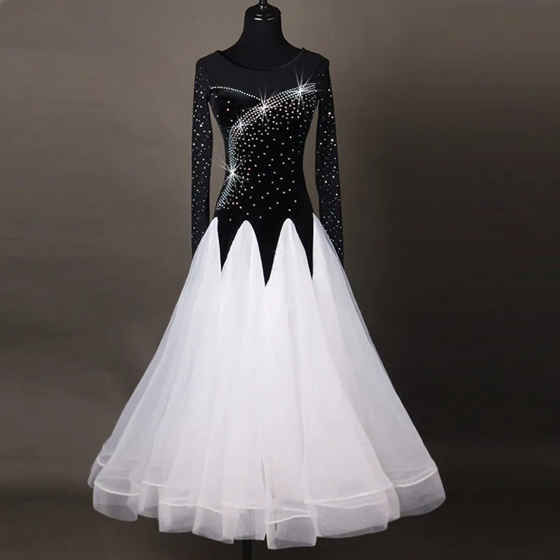 Round neck long sleeve ballroom dance dress with curved scattered rhinestones,color‑contrast pointed full skirt,suitable for dan