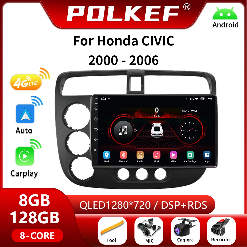 

8G+128GB For Honda CIVIC 2000-2006 Android Car Raio Multimedia Video Player 4G Carplay Navigation GPS Head Unit 2din DVD Stereo