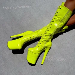 Bright Yellow Dazzling Dance Boots Platform Women Lace Peep Toe Zipper Knee Booties Calf Open Shoes Pole Dance Sexy Girls Shoes