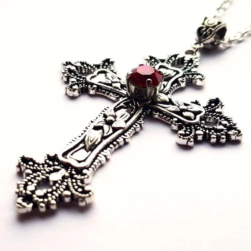 Vintage Baroque Christian Cross Necklace for Women Man Silver Color with Crystals Gothic Crucifix Symbol Easter Unisex Jewelry