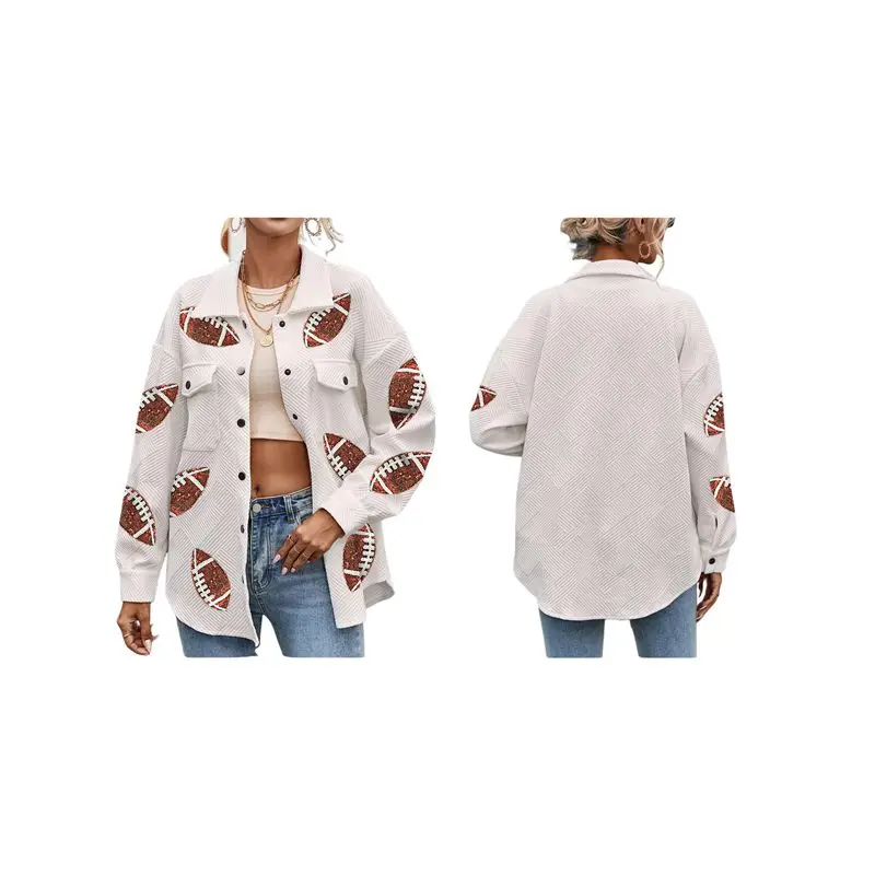 

A19Q-Women's Football Corduroy Sequin Jacket Cropped Distresses Rugby Patched Shacket Coat