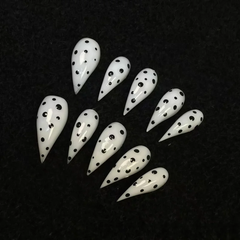 10PCS Classic black and white polka dot long-style artificial nails, featuring hand-drawn polka dots, press-on nail set