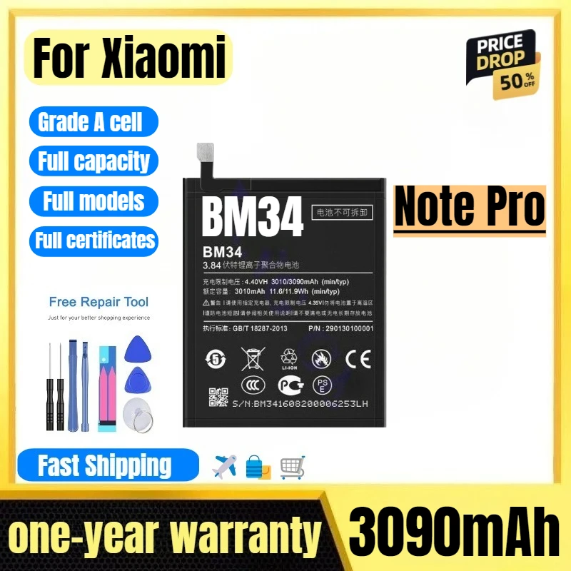 

BM34 for Xiaomi Note Pro Mobile Phone Battery High Quality High Capacity Battery Replacement Bateria Grade A Cell with Tools