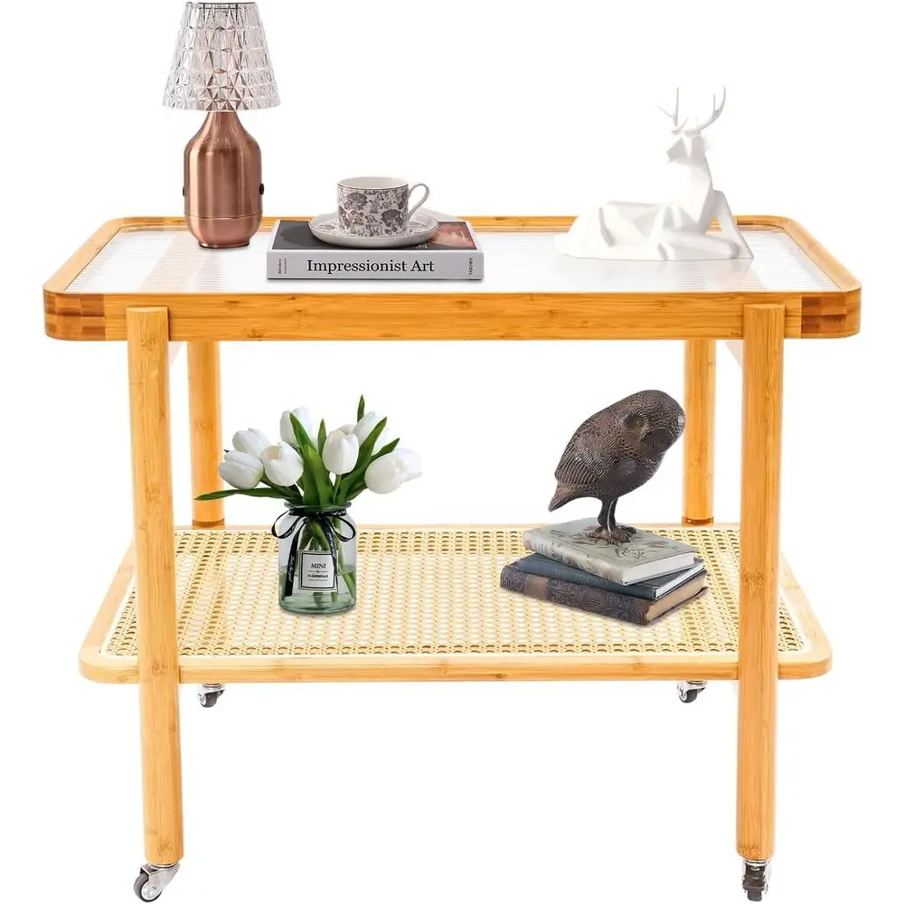 

Двухуровневый журнальный столик из закаленного стекла 21,65 дюйма на колесиках, приставной столик из бамбука и ротанга для гостиных