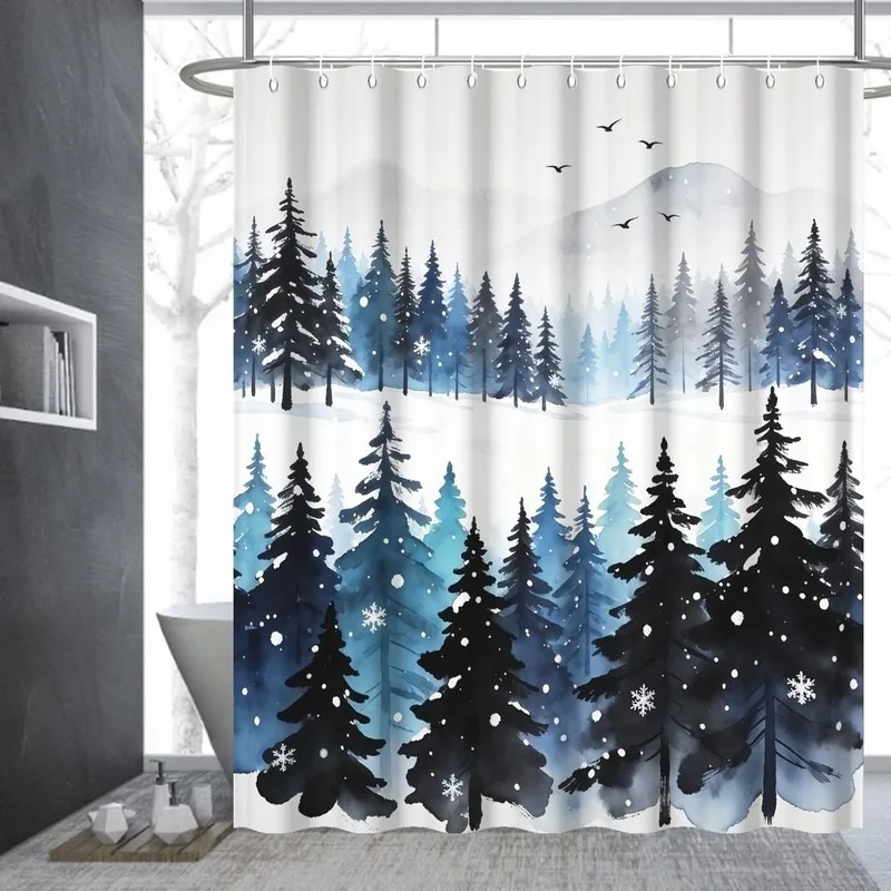 Watercolor Blue Pine Forest Mountain Snowflake Bird Shower Curtain No Drill Hooks Bathroom Decor Art 12 Hooks Included