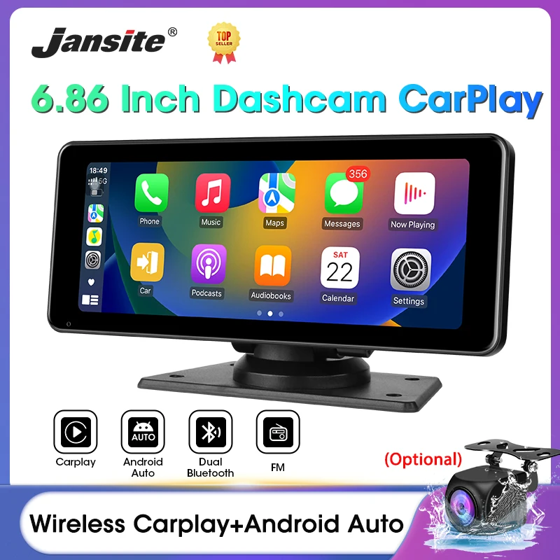 

Jansite 6.86'' Car Radio Wireless Carplay+Android Auto Stereo 1080P Rear Camera Voice Control GPS Recorder Smart Screen Player