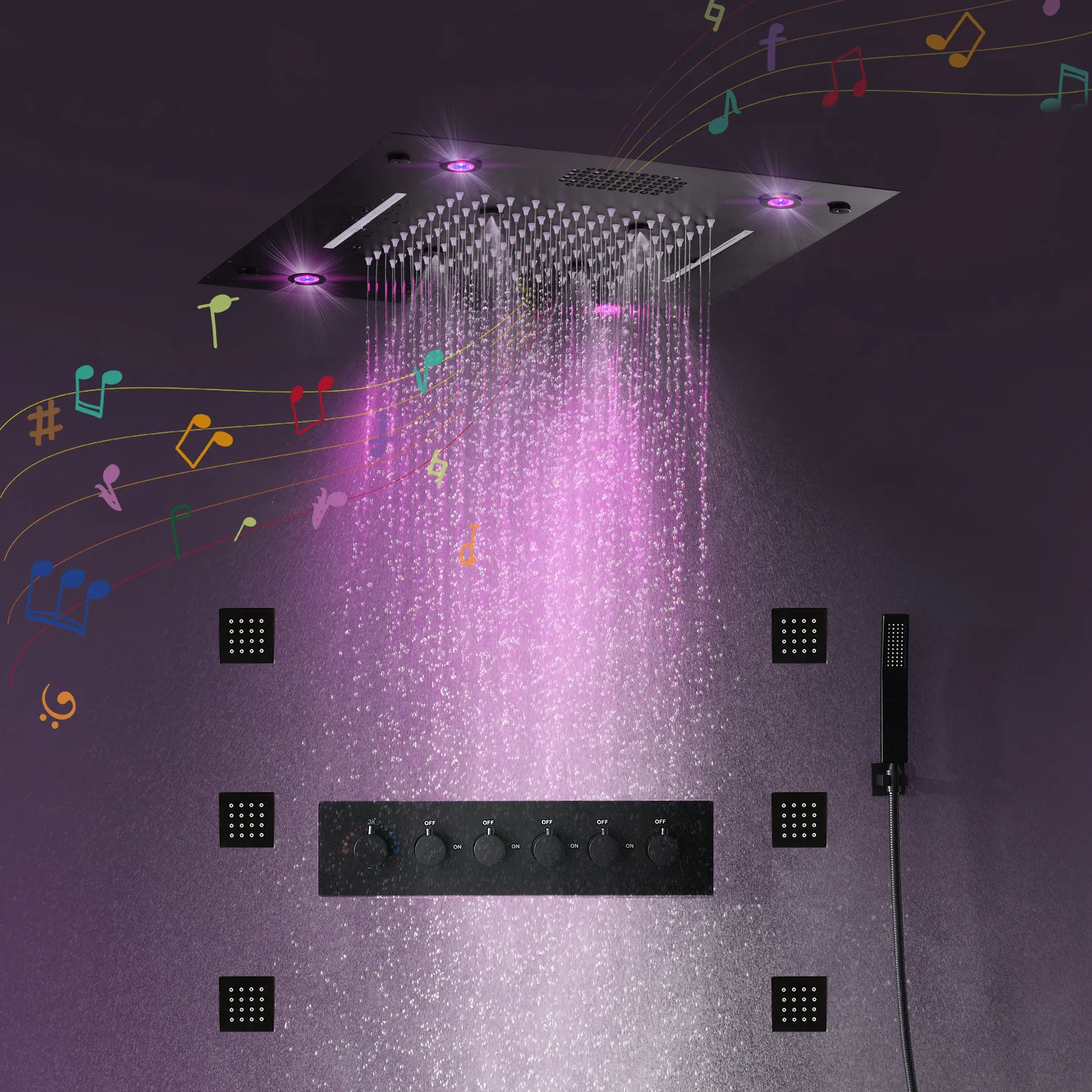 Luxury Thermostat Rainfall Concealed Shower Set  Led Music Rainfall Waterfall Shower Jets System