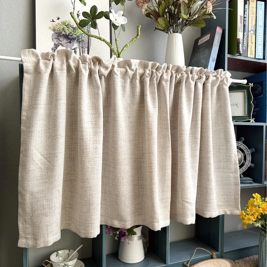 Linen Fabric Beige Kitchen Half Curtain Simple Wooden Color Semi Sheer Burlap Textured Canvas Cloth Short Curtain