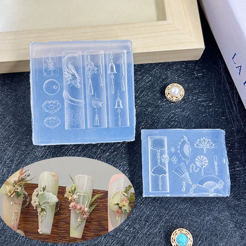 Nail Art Mold 3D Chinese-Style Silicone Nail Mold Exquisite Dragon Copper Coins Bells Buttons Chinese Knots Fan Mold Transparent