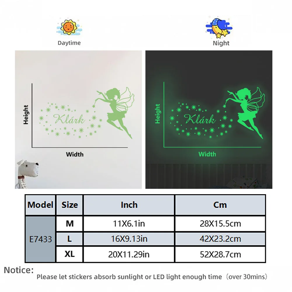 1 قطعة الجنية الإبداعية التي يلقي تهجئة اسم مخصص مضيئة ملصق ملصقات الحائط الموضة الحديثة الجدار ملصق مائي الإبداعية