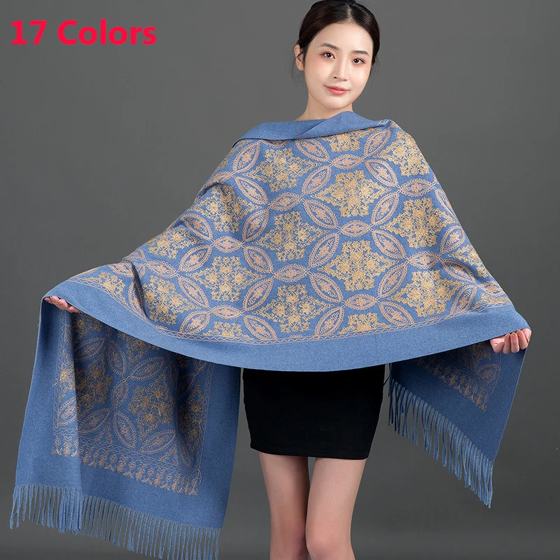 

17 Colors Lily Flower Circle Women Long Cashmere Scarf Winter Pashmina Shawls Embroidery Thick Wraps Lady Tassel Warm Scarves