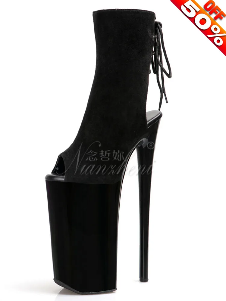 10inches High Heels Flock Exotic Dancer 26cm Stripper Shoes Women's Gothic Platform Peep Toe Ankle Boots Fashion Thin Legs Show