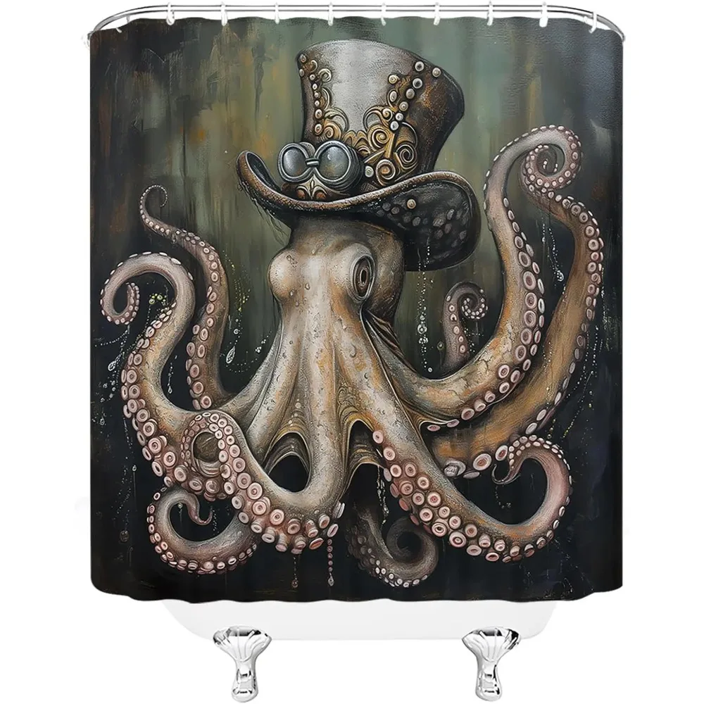 

Забавная шторка для душа GCTNBJL с осьминогом, абстрактным рисунком плавников и морских животных, коричневая, для ванной комнаты, с крючками, 70x70 дюймов