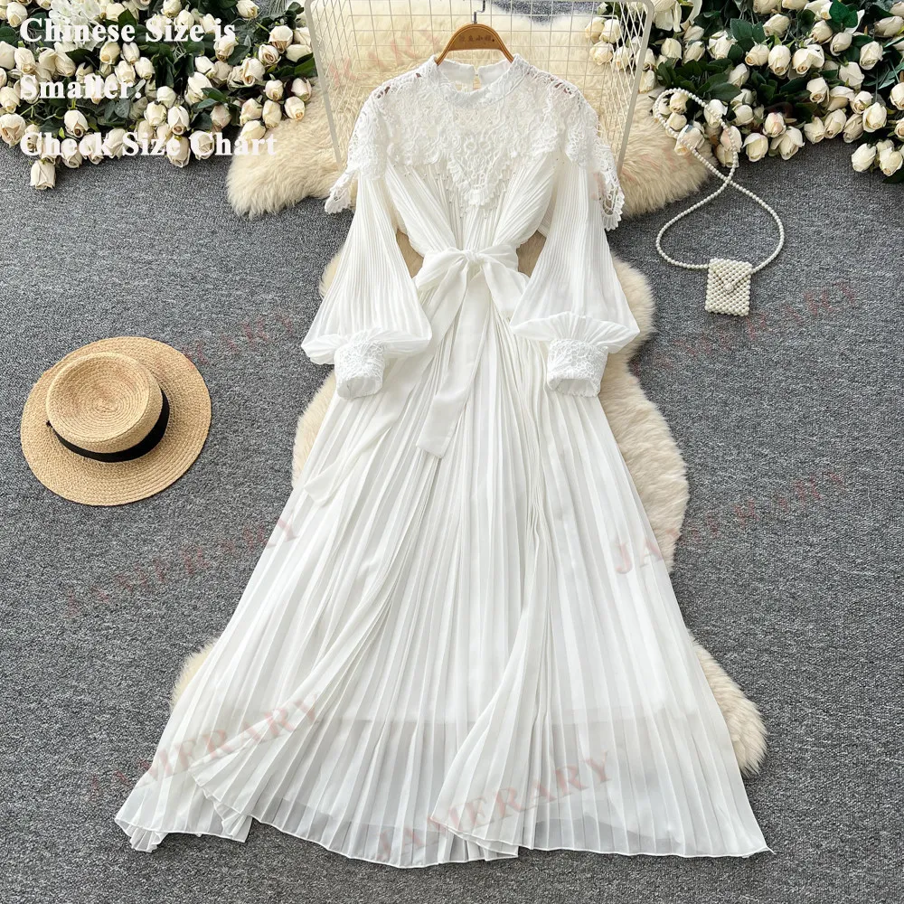 

Изысканное кружевное шифоновое платье с вырезами для женщин, летнее/осеннее, вечернее, плиссированное, с длинным рукавом, свободного кроя, А-силуэт, бальное платье, Vestidos