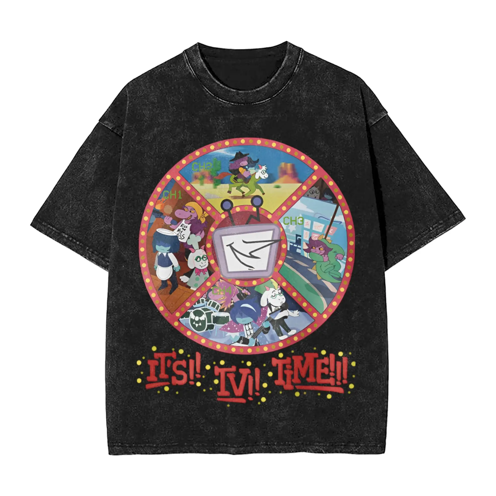 Washed T Shirt Deltarune Chapter 3  its!! TV!! TIME!! T-Shirt Harajuku Tenna Streetwear Short Sleeve Graphic Tops Tees Men Women