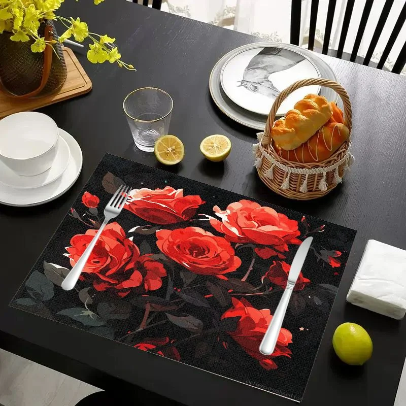 VIKAMA Placemat Black Red Roses Print, Waterproof Oil-Proof Heat-Resistant Non-Slip Dining Table Mat