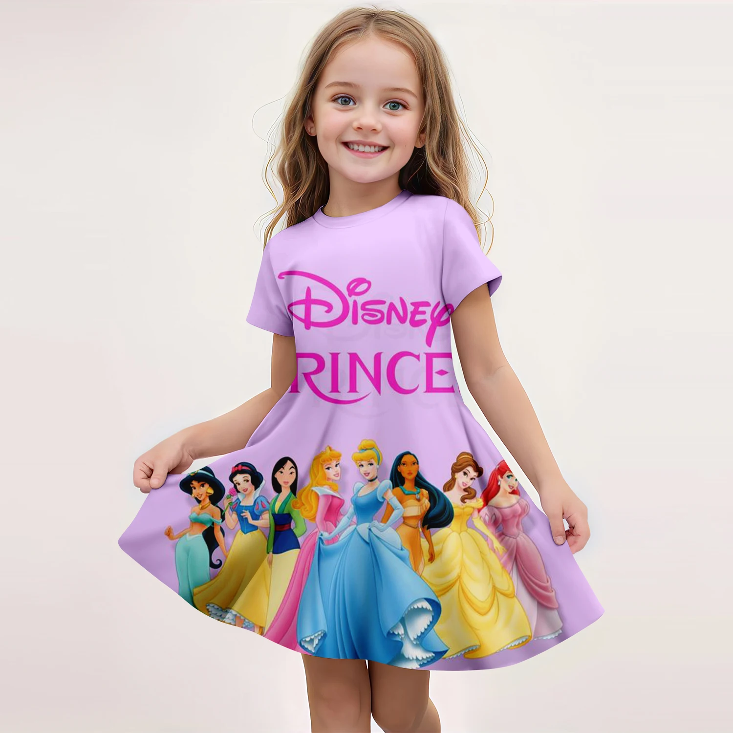 Disney Summer Hot Selling Snow White Short sleeved Skirt Girl 3D Printed Cartoon Print Pattern Short sleeved Princess Skirt 4-14