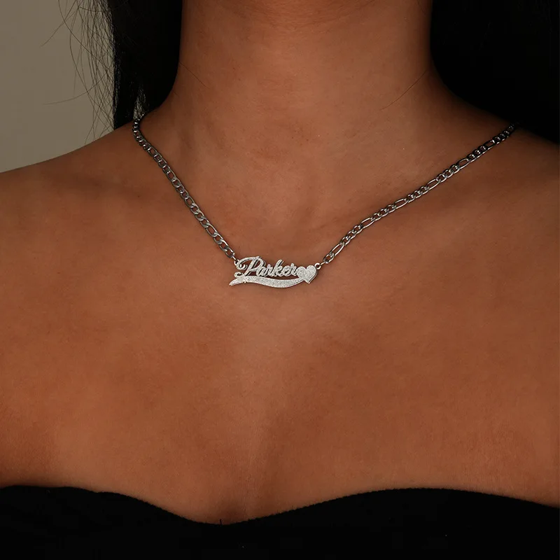 Lateefah Fashion Stainless Steel Double-layer Flower Heart Custom Name Cut Frosted Necklace