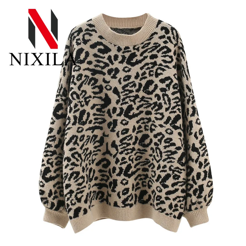 New in Knit Sweater Women Turtleneck Leopard Sweater Print Winter Thick Female Pullovers Casual Tops Oversized Sweater Pullover