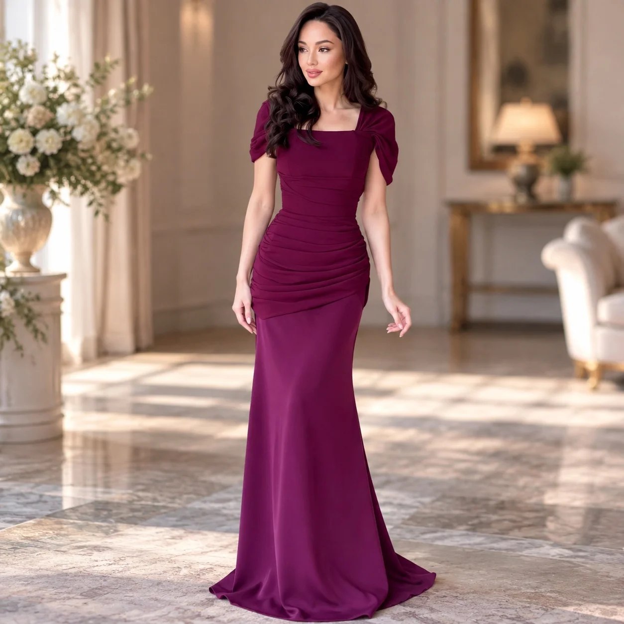 Middle Waist Short Sleeve Dress Nameless Noblewoman with Square Neckline Noblewoman Style Fish Tail One Pleated Dress for Women