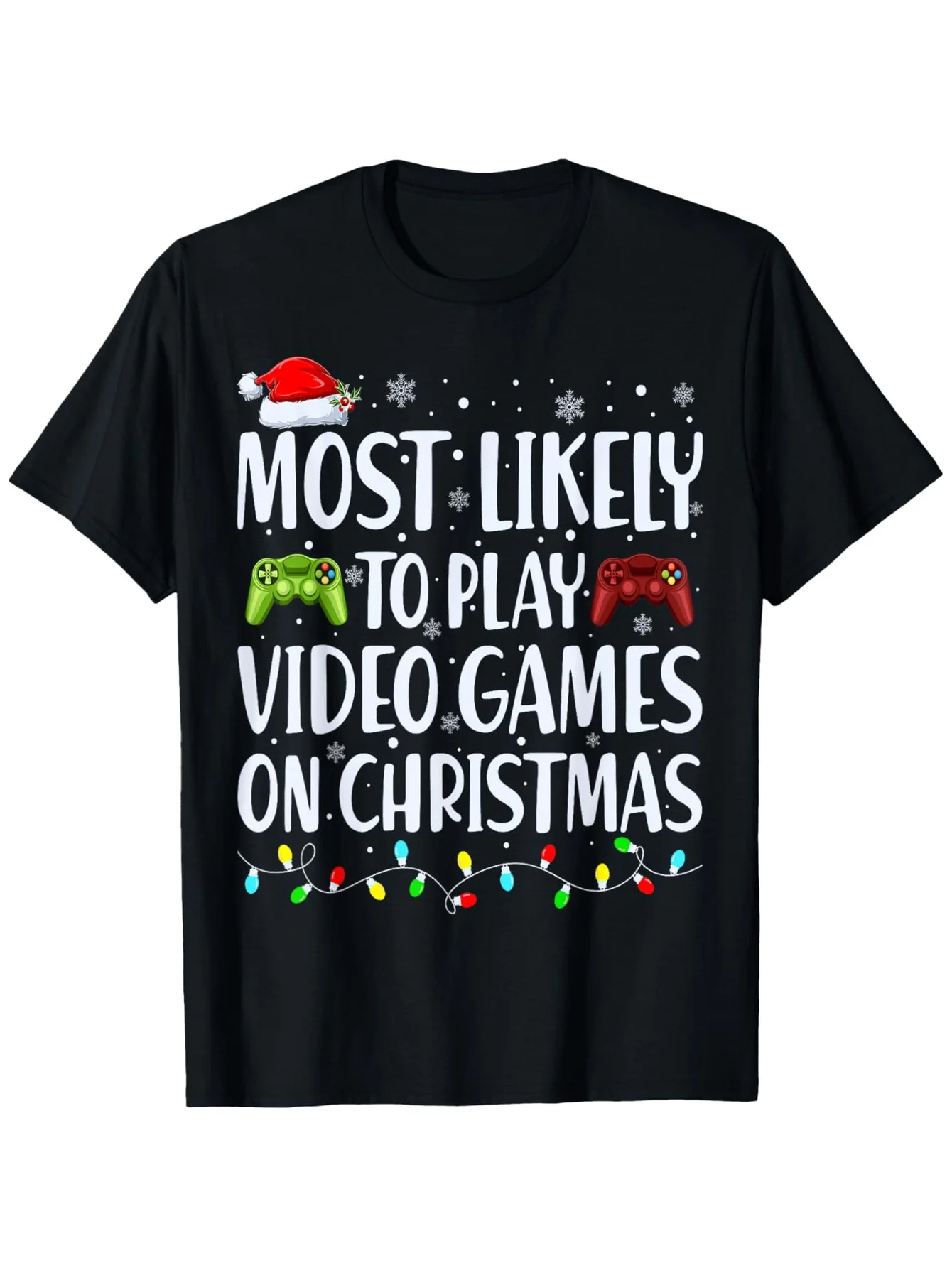 

Рождественская футболка с забавными видеоиграми. Самая жизнь играть на Рождество видеоигры с игровыми контроллерами и дизайном освещения.