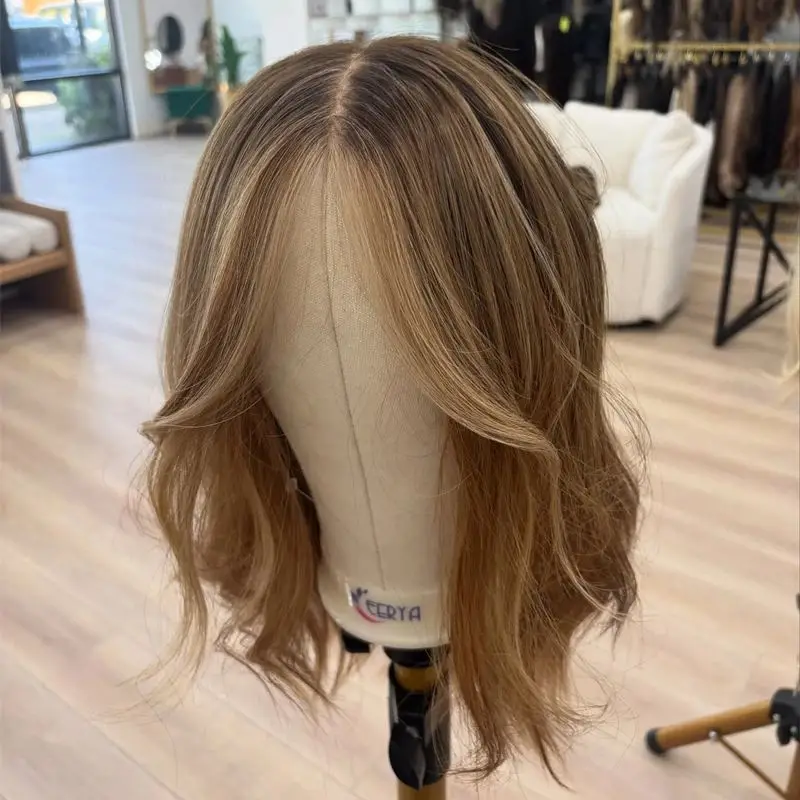 Parrucche Bob sintetiche a onde corte con evidenziazione marrone miele Parrucca ondulata naturale colorata in fibra ad alta temperatura Parrucca bionda con radici scure per le donne