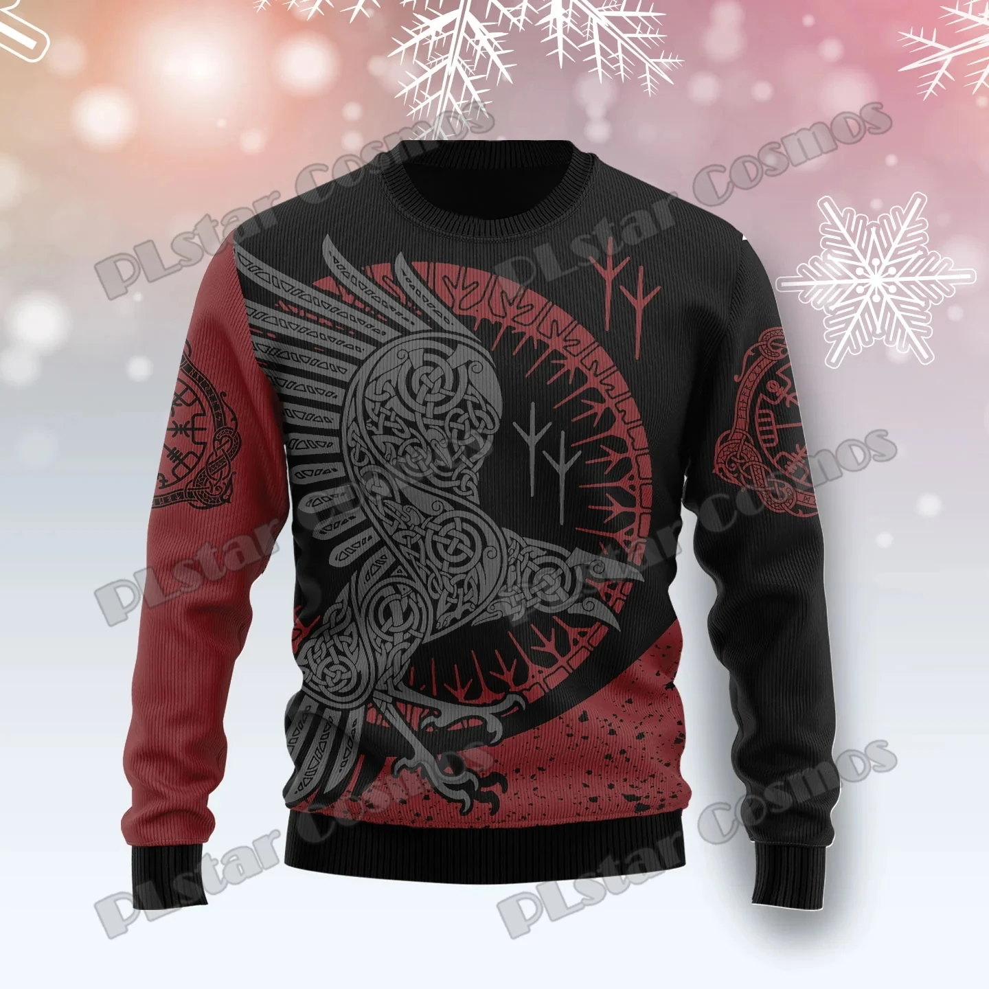 Autumn Winter Unisex Casual Knit Pullover Sweater Mjolnir Raven Tattoo & Skull 3D Printed Men's Ugly Christmas Sweater KMY09