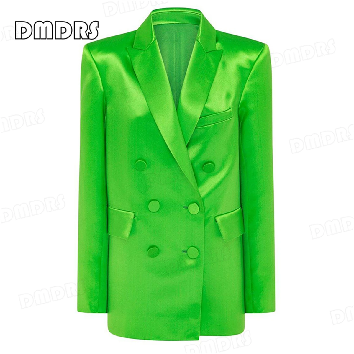 Chic Satin 2-Piece Suit Set for Women, Double Breasted Long Notched Blazer with Mini Skirt, High Street Customized Colors Outfit