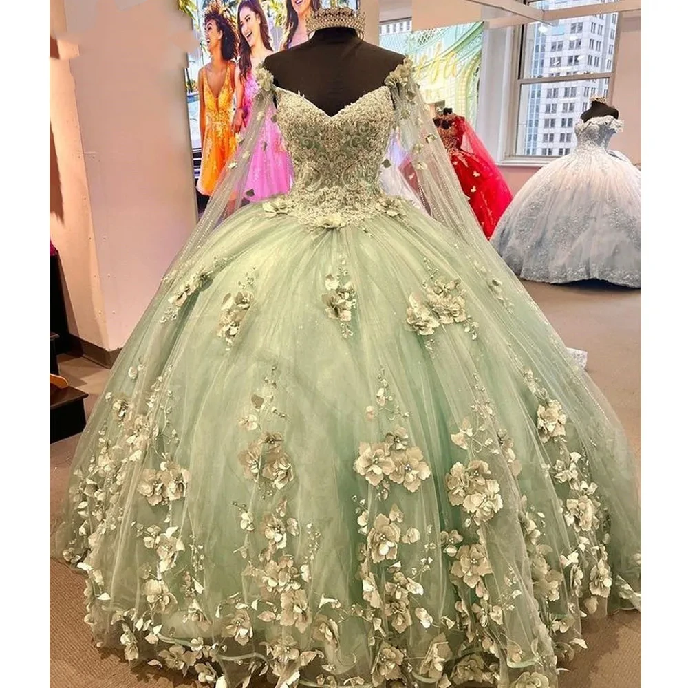 فستان Quinceanera بأشرطة سباغيتي أخضر نعناعي مع ثوب كيب على شكل كرة زهور ثلاثية الأبعاد مزين بأربطة حلوة 15 فيستدوس دي XV Años