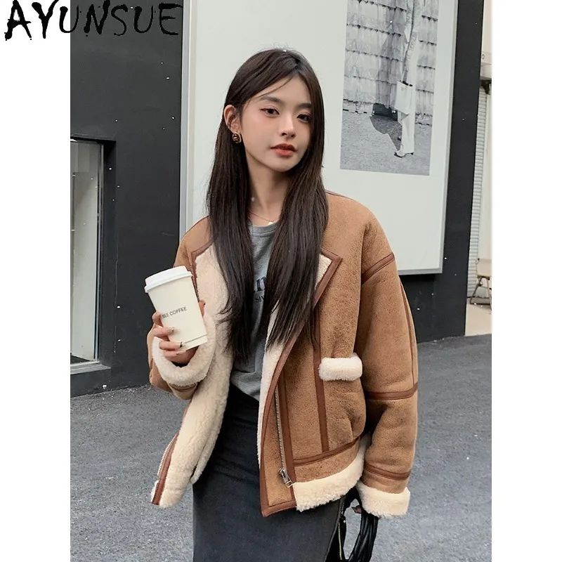 

AYUNSUE Женская зимняя куртка из натуральной кожи и меха, в мотоциклетном стиле, теплая верхняя одежда с длинными рукавами, женская одежда, новинка