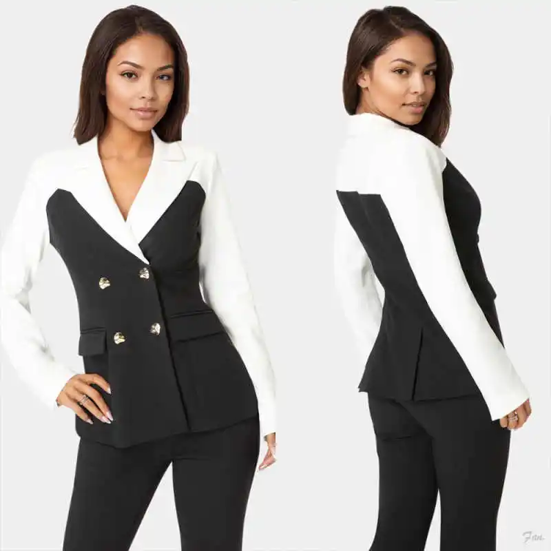 

﻿ Classic Splicing Women's Suit 2 Piece Jacket Pants Double Breasted Formal Business Occasion Office Commuting Customized