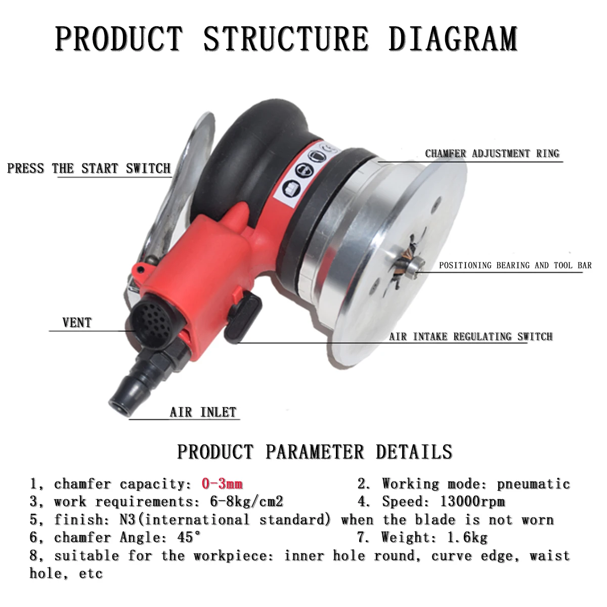 SN-7053 3-Flute Pneumatic Chamfering Tool 0-3mm Adjustable Beveling Steel/Alloy/Mold | Industrial Edge Deburring